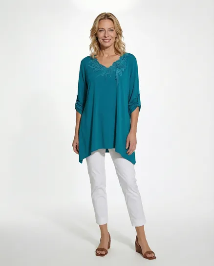 Jersey Shirt mit Spitze in petrol von Diana