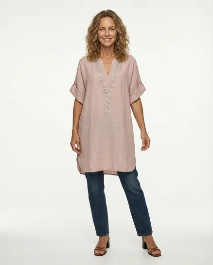 Leinen Tunika bestickt in rosa von Diana
