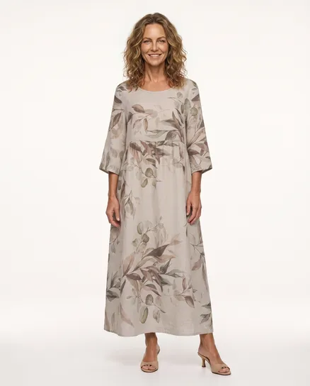 Leinenkleid Floral in beige von Puro Lino