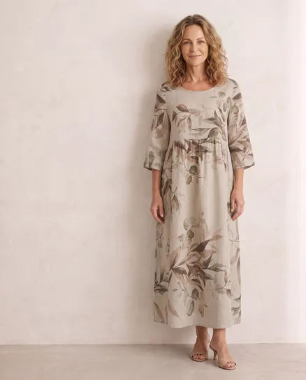 Leinenkleid Floral in beige von Puro Lino