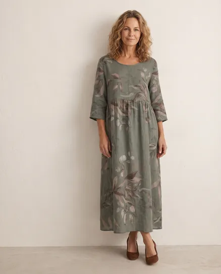Leinenkleid Floral in oliv von Puro Lino