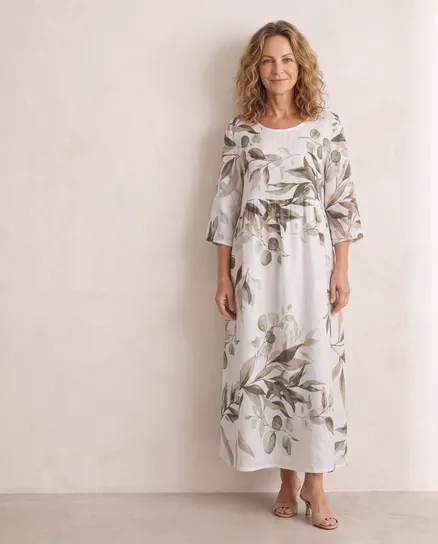 Leinenkleid Floral in wei� von Puro Lino