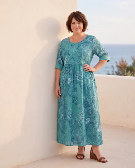 Leinenkleid mit Blumen in aqua von Puro Lino