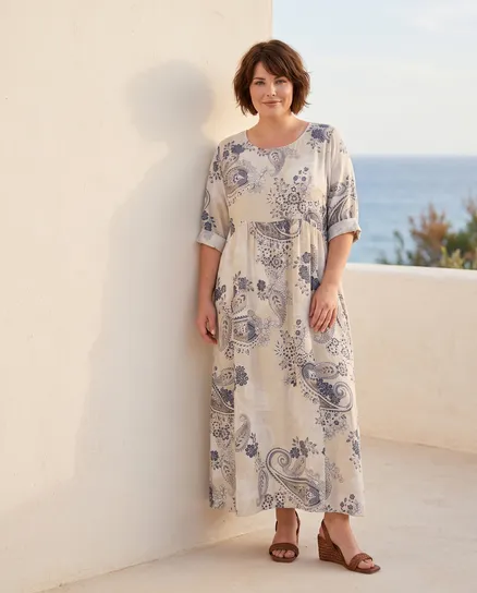 Leinenkleid mit Blumen in beige von Puro Lino