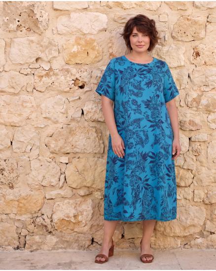 Leinenkleid mit Blumen in t�rkis von Puro Lino