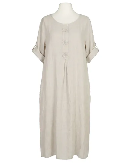 Leinenkleid mit Blumenbesatz in beige von Puro Lino