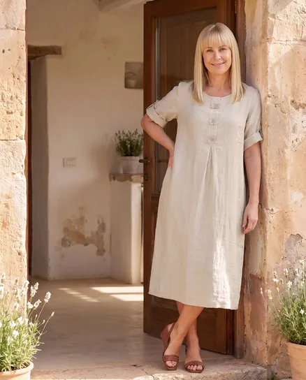 Leinenkleid mit Blumenbesatz in beige von Puro Lino