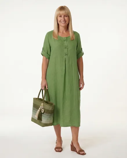 Leinenkleid mit Blumenbesatz in kiwi von Puro Lino