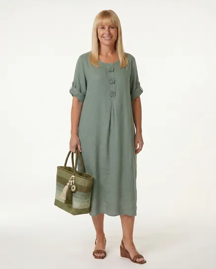 Leinenkleid mit Blumenbesatz in salbei von Puro Lino