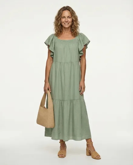 Leinenkleid mit R�schen in khaki von Made in Italy