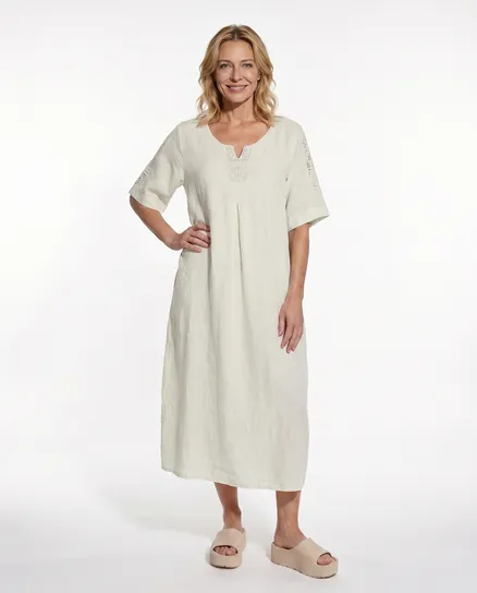 Leinenkleid mit Spitze in beige von Puro Lino