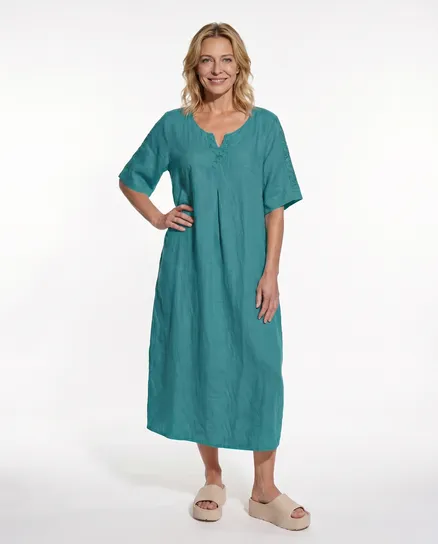 Leinenkleid mit Spitze in petrol von Puro Lino