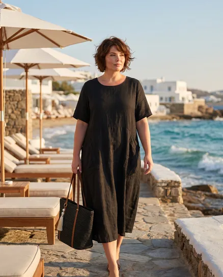 Leinenkleid mit Taschen in schwarz von Puro Lino