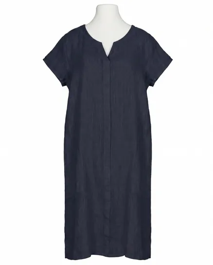 Leinenkleid Schlitzausschnitt in dunkelblau von Puro Lino