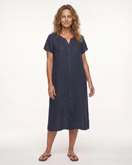 Leinenkleid Schlitzausschnitt in dunkelblau von Puro Lino