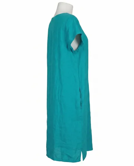 Leinenkleid Schlitzausschnitt in petrol von Puro Lino