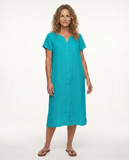 Leinenkleid Schlitzausschnitt in petrol von Puro Lino