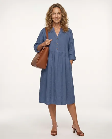 Leinenkleid Stehkragen in blau von Puro Lino