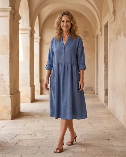 Leinenkleid Stehkragen in blau von Puro Lino