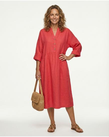 Leinenkleid Stehkragen in koralle von Puro Lino