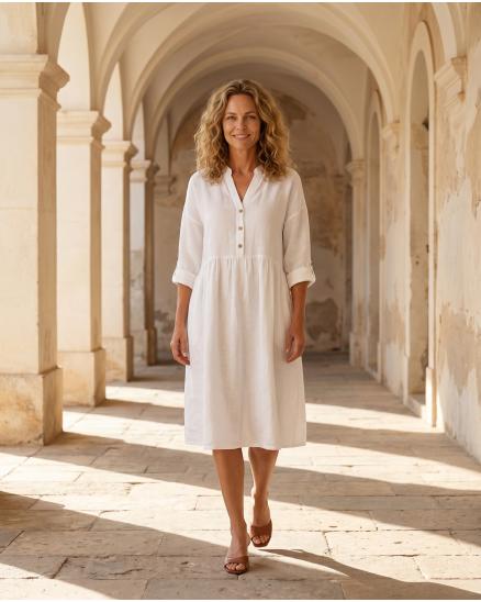 Leinenkleid Stehkragen in koralle von Puro Lino