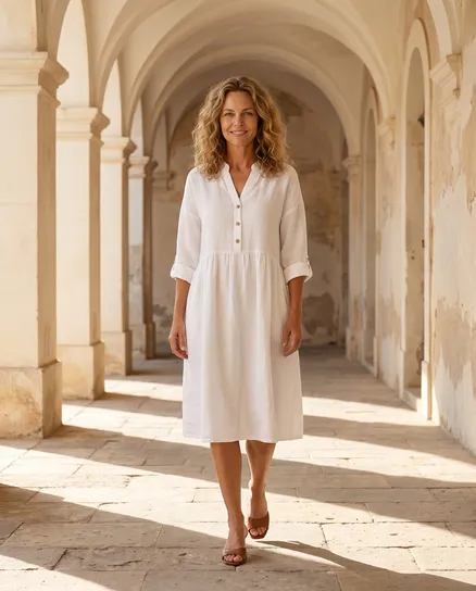 Leinenkleid Stehkragen in wei� von Puro Lino