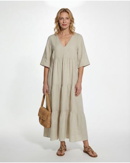 Leinenkleid V-Ausschnitt in beige von Puro Lino