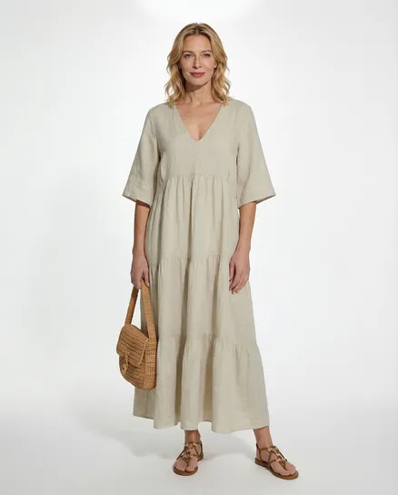 Leinenkleid V-Ausschnitt in beige von Puro Lino