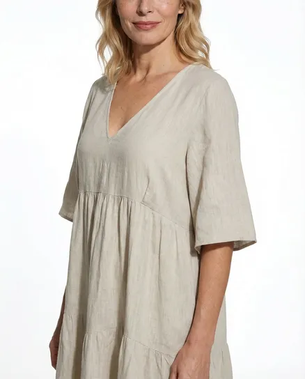 Leinenkleid V-Ausschnitt in beige von Puro Lino