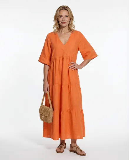 Leinenkleid V-Ausschnitt in orange von Puro Lino