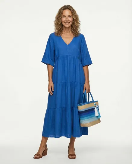 Leinenkleid V-Ausschnitt in royalblau von Puro Lino