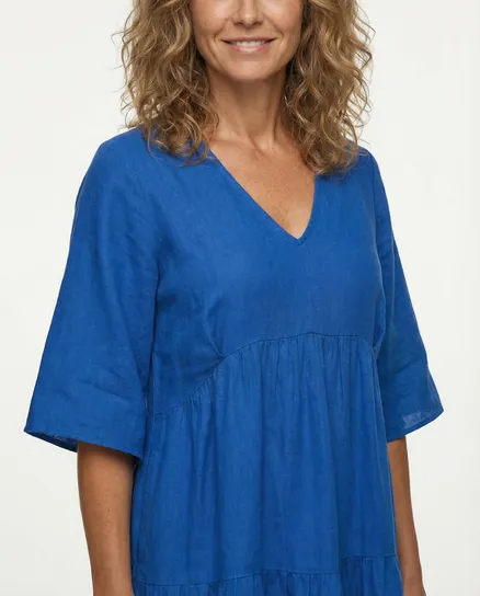 Leinenkleid V-Ausschnitt in royalblau von Puro Lino