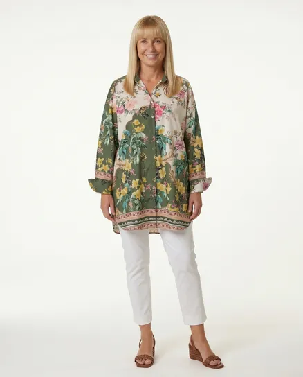 Longbluse mit floralem Print in oliv von Blu Royal