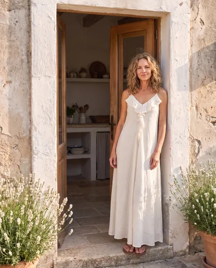 Maxikleid Baumwolle in creme von Made in Italy