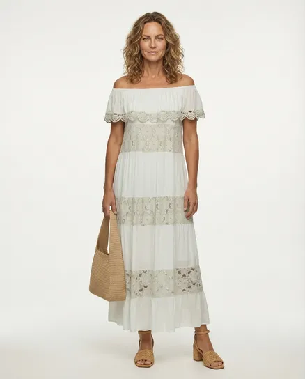 Maxikleid mit Spitze in beige von Made in Italy