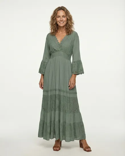 Maxikleid mit Spitze in oliv von Made in Italy