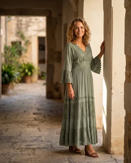 Maxikleid mit Spitze in oliv von Made in Italy