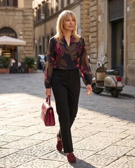 Satinbluse Floral in schwarz-bordeaux von Made in Italy