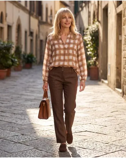 Satinbluse Karomuster in camel von Made in Italy
