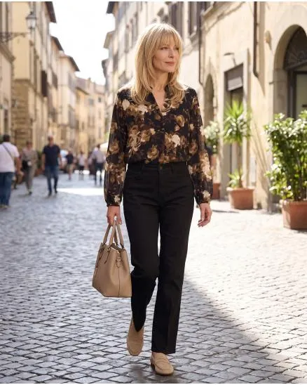 Satinbluse mit Seide Floral in schwarz von Made in Italy