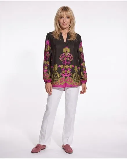 Satinbluse Ornamentmuster in dunkelbraun von Made in Italy