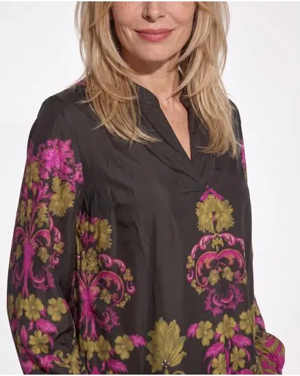 Satinbluse Ornamentmuster in dunkelbraun von Made in Italy