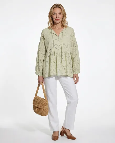 Tunika Bluse mit Lochstickerei in beige von Made in Italy