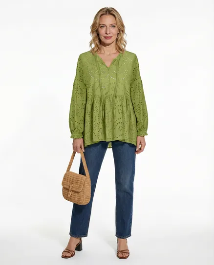 Tunika Bluse mit Lochstickerei in pistazie von Made in Italy