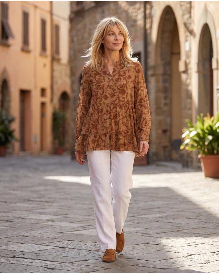 Tunika Bluse Ornamentprint in camel von New Collection