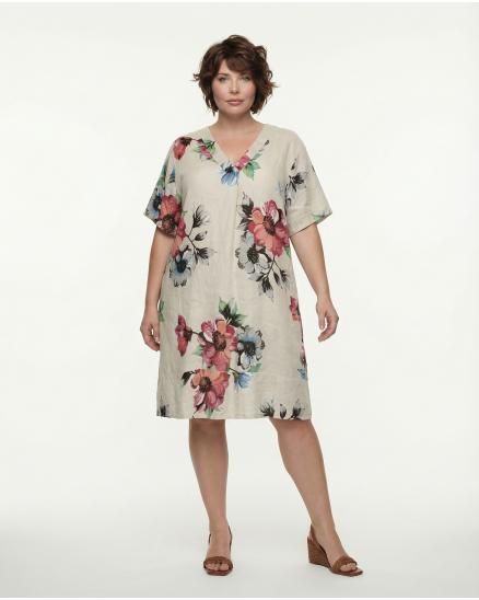 Tunika Kleid Leinen Floral in beige von Made in Italy