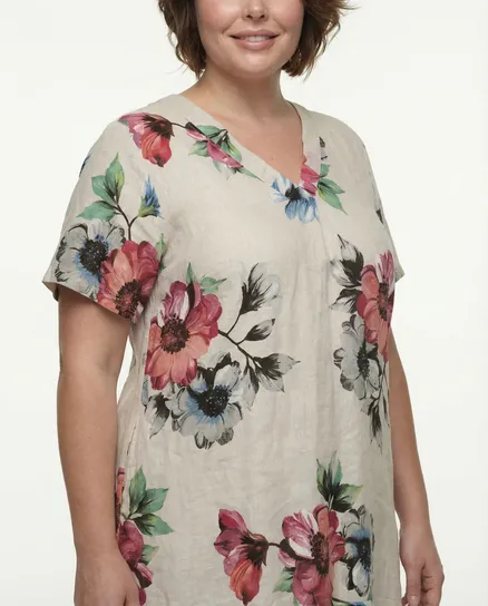Tunika Kleid Leinen Floral in beige von Made in Italy