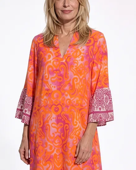 Tunika Kleid Ornamentmuster in pink-orange von Made in Italy