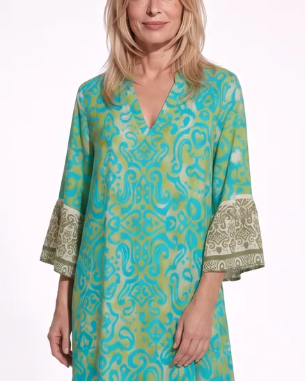 Tunika Kleid Ornamentmuster in t�rkis-oliv von Made in Italy