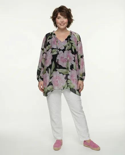 Tunika mit Seide Floral in schwarz von H. Trend